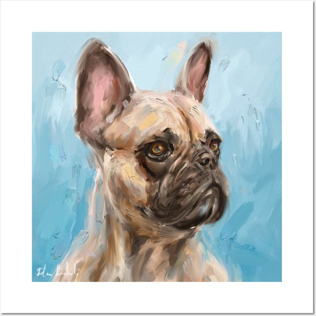 Loose Thick Oil Painting of a French Bulldog on Light Blue Background Wall Art by ibadishi